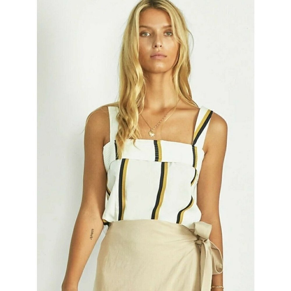 New Sancia Cibile Top Womens L Bonneau Stripe Crop Linen Blend Square Neck